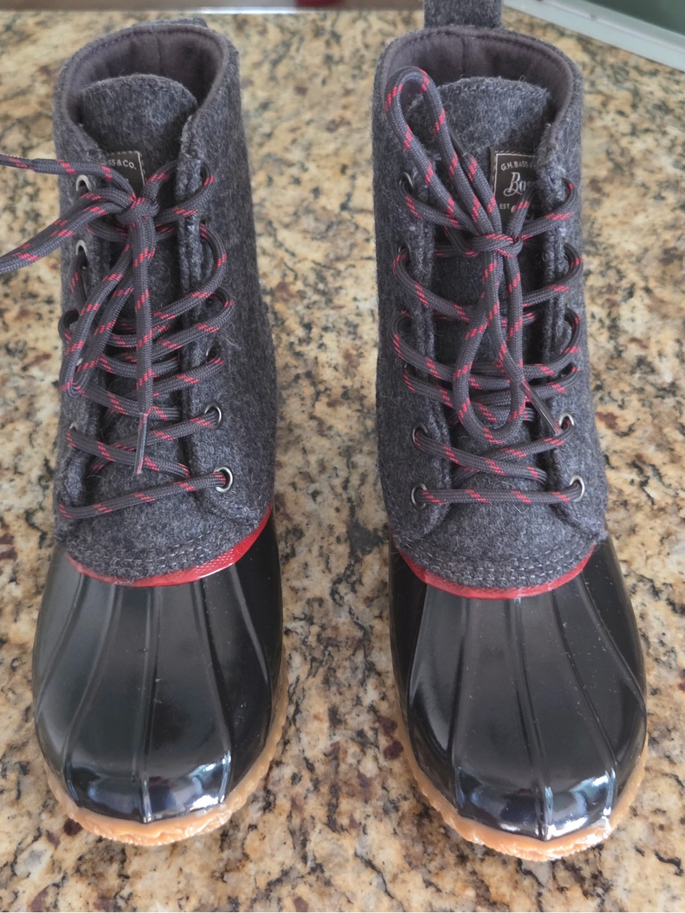 G.H. Bass & Co. Gray Felt and Black Rubber Duck Rain Boots with Red Trim